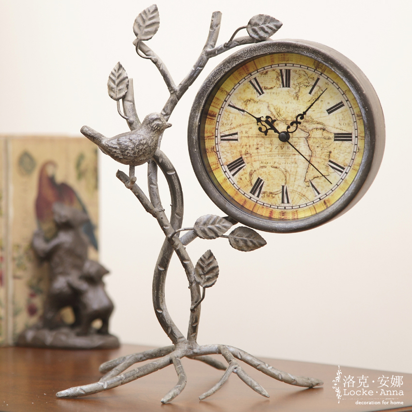 洛克安娜 美式乡村铁艺树枝小鸟钟创意钟表复古时钟座钟桌面台钟