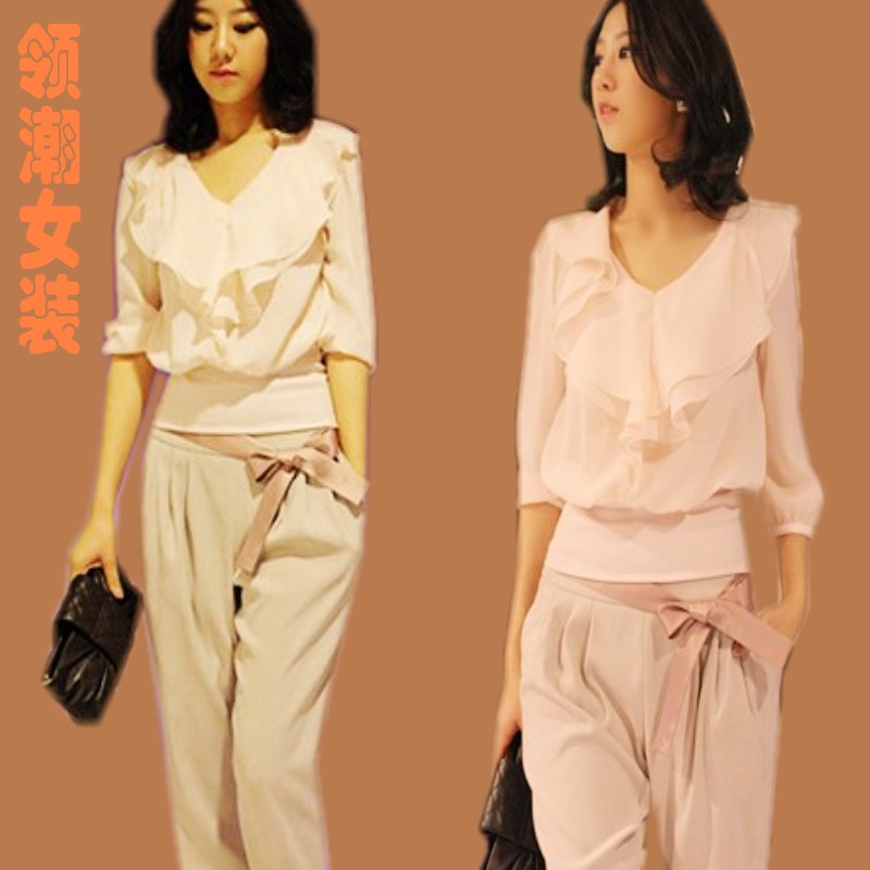 韩国sz女装职业套装正品女士时尚短袖工作服 雪纺衬衫+长裤两件套