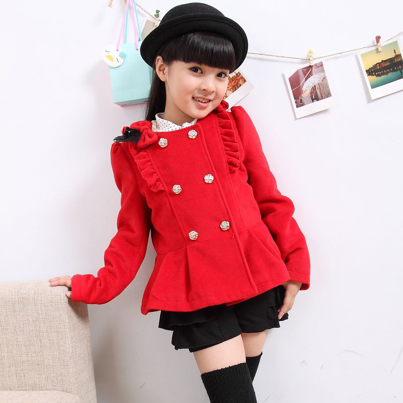 2013秋装新款 韩版红色呢子女童套装 毛呢双排扣短大衣裙两件套