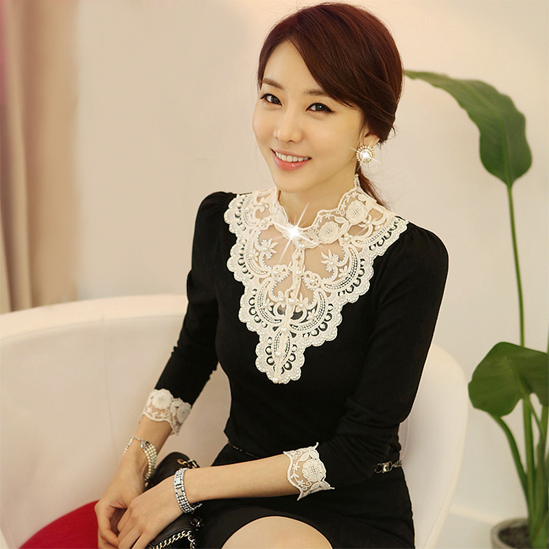 2014春季新款韩版时尚钉珠绣花蕾丝衫拼接长袖打底T袖女 打底衫