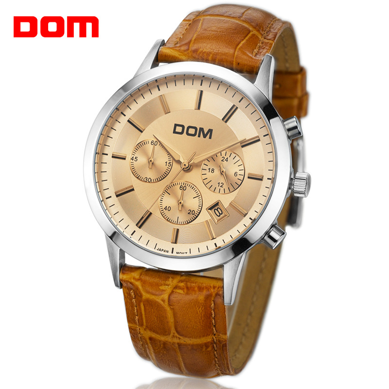 全国联保DOM正品名表大表盘手表 多功能运动防水真皮带手表男士表