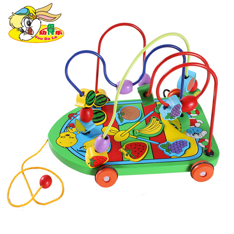 幼得乐 木制水果绕珠拖车儿童早教玩具 宝宝益智玩具1-3岁