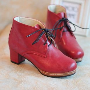 2012欧美韩版复古红色中跟厚底粗跟婚鞋短靴裸靴高帮女鞋子女靴