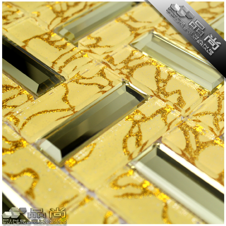 【品尚】5面磨边长条金色镜面黄色底金龙水晶玻璃背景墙马赛克
