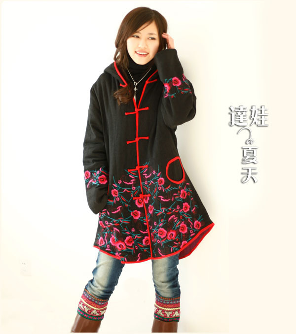 2014中式民族风刺绣花盘扣女款中长款大衣风衣棉衣外套