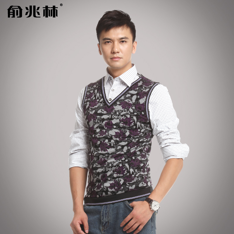 2012俞兆林 炫彩V领衬衫领格纹印花衬衫领假两件针织衫 男士秋装