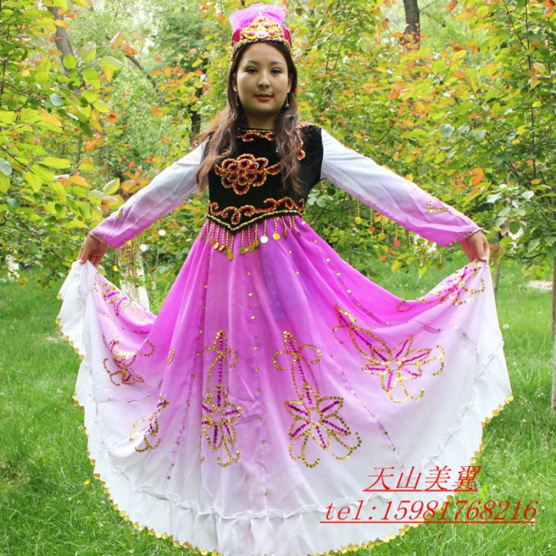 新款新疆民族服饰舞台装演出表演服饰/舞蹈服装演出服喇叭袖摆大