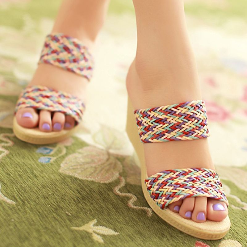 新款韩版女鞋舒适2014年夏季坡跟居家复合底一字型高跟胶粘鞋拖鞋