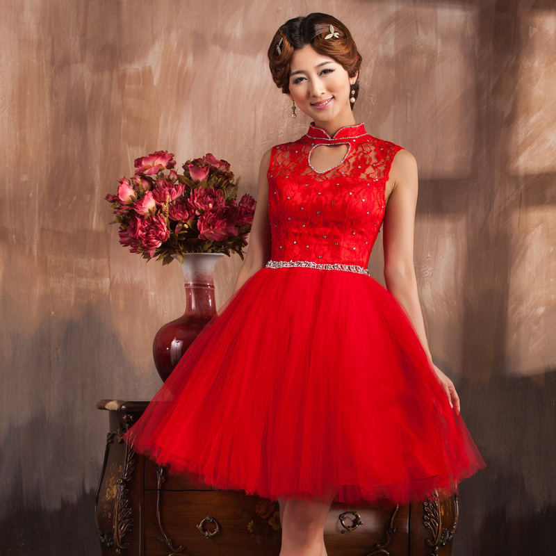 改良中式结婚礼服裙敬酒服红色时尚短款新娘旗袍 钉珠亮片主持服