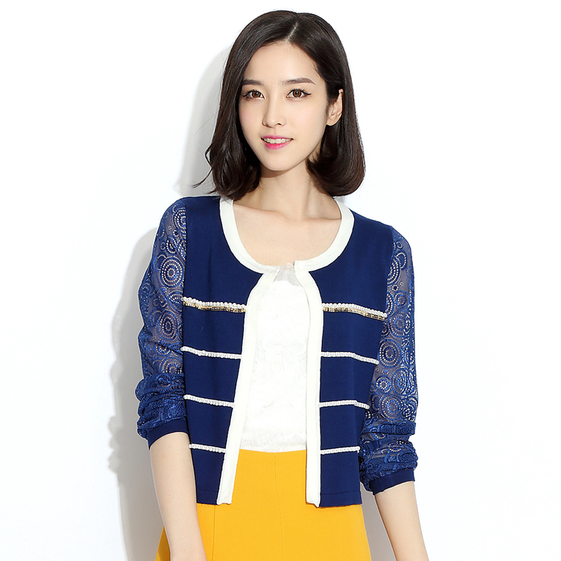 2014春装新款 韩版蕾丝镂空 毛针织衫女开衫 钉珠薄毛衣外套