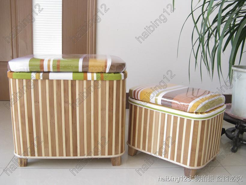 坐凳子储物箱 储物凳 竹制方形收纳凳 收纳箱 衬里可拆洗 二只