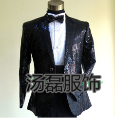 厂家直销韩版修身黑色亮片男士礼服，主持人司仪歌手演出男装