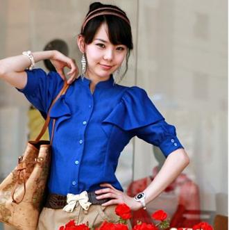 2011最新韩国SZ夏装淑女泡泡袖荷叶袖宝蓝立领修身雪纺衫短袖衬衫