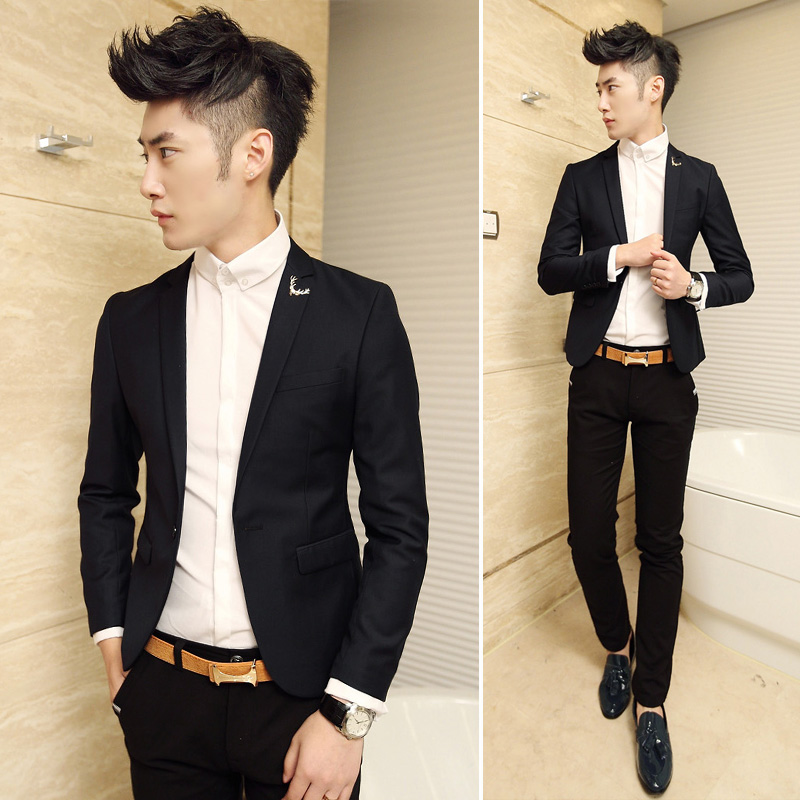 2014奢华品质领口金属装饰男士小西服 韩版 修身小西服 黑色