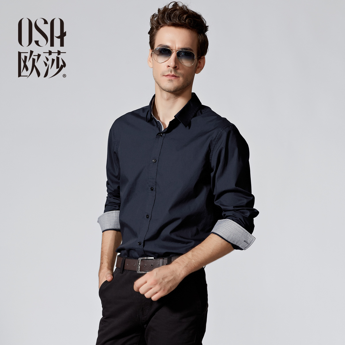 OSA欧莎旗舰店2014夏装新款男装衬衣打底衫上衣长袖衬衫MC420008