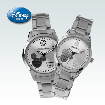 正品迪士尼手表 情人节礼物 米奇钢带简约时尚情侣对表 手表 一对