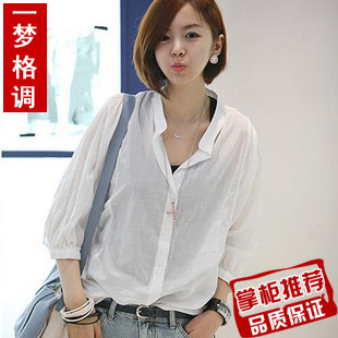 2011新款夏装 休闲衬衫 女 白色衬衣 韩版 宽松立领薄款 时尚