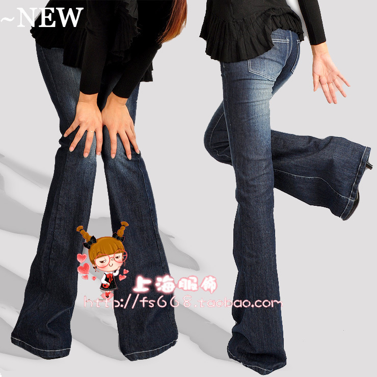 VIVI杂志力推 2011新款磨白双口袋水洗修身低腰大喇叭牛仔裤