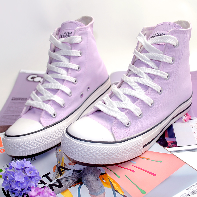 粉紫色帆布鞋高帮系带女鞋
