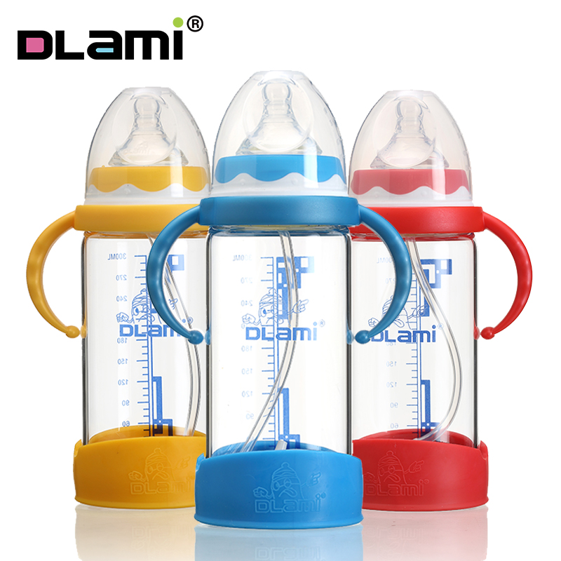 300ML玻璃奶瓶带手柄抗摔防胀气宝宝玻璃奶瓶红黄蓝绿紫DLami