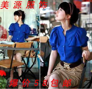 2011职业女装新款韩版大码夏装短袖荷叶边泡泡袖淑女雪纺衬衫包邮