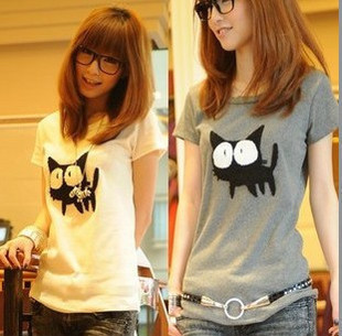 2011新款秋装大码女装韩版大码 女装 圆领猫咪可爱修身短袖T恤