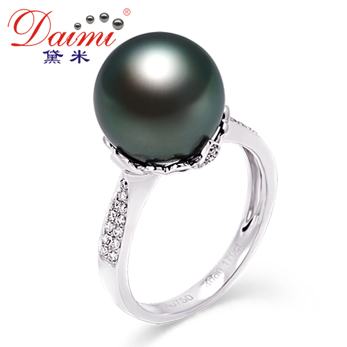 黛米珠宝  11.5-12mm 天然大溪地黑珍珠戒指正品 白18K金真钻