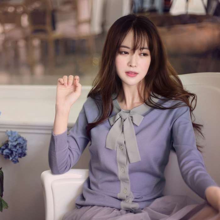2014春装新款韩版针织衫蝴蝶结绑带长袖开衫修身女式针织衫修身