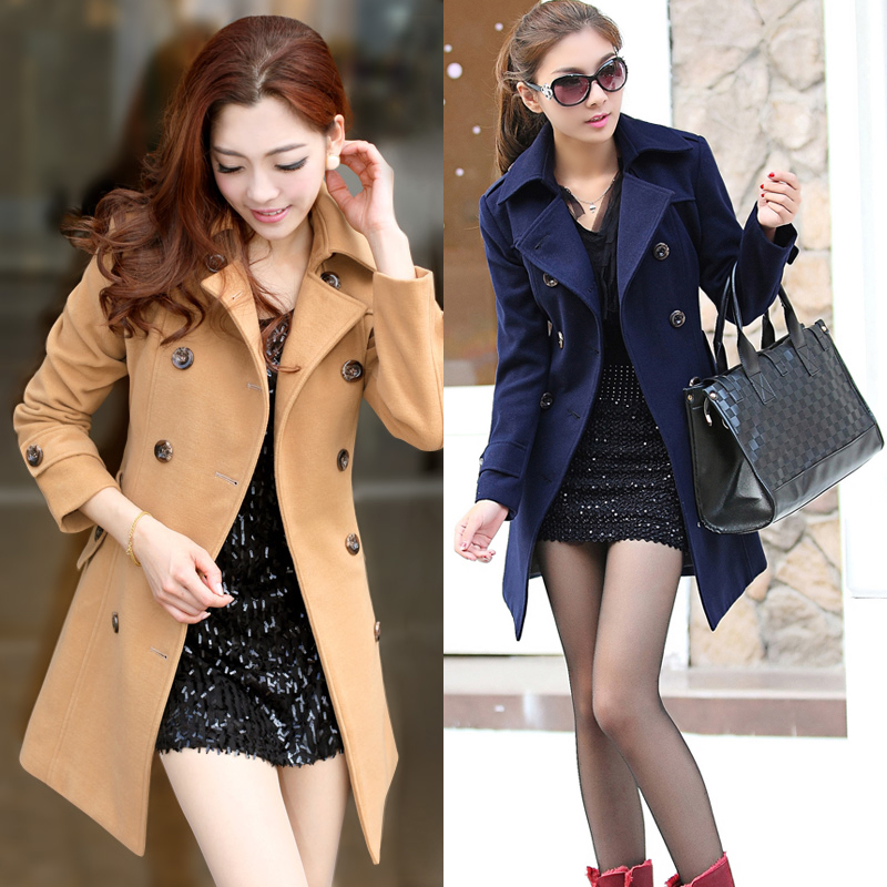 2014春装秋冬新款韩版女装冬装修身双排扣中长款毛呢呢子大衣外套