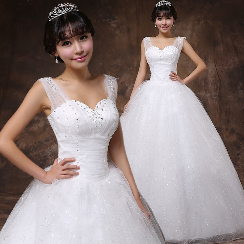 2014新款韩版新娘结婚绑带双肩婚纱礼服齐地蓬蓬钉珠甜美公主婚纱