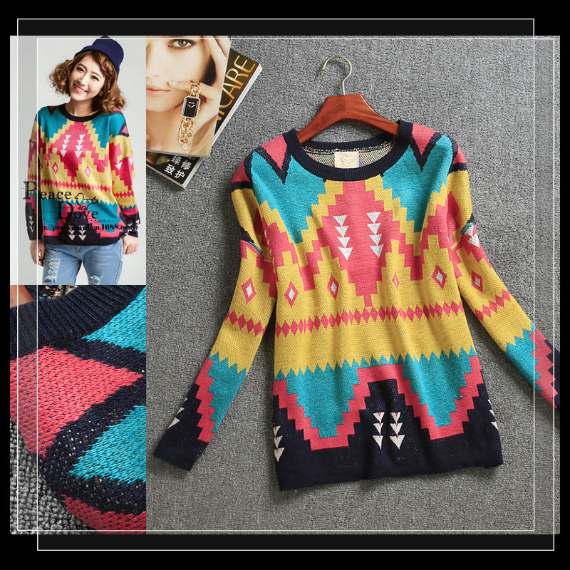 秋季新款 韩版女装 兔绒混纺 彩色几何拼色 宽松圆领套头长袖毛衣