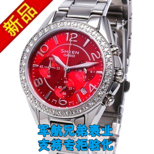 卡西欧正品 时尚红色表盘仿水钻表 镶钻 女表SHE-5022D-4A手表女