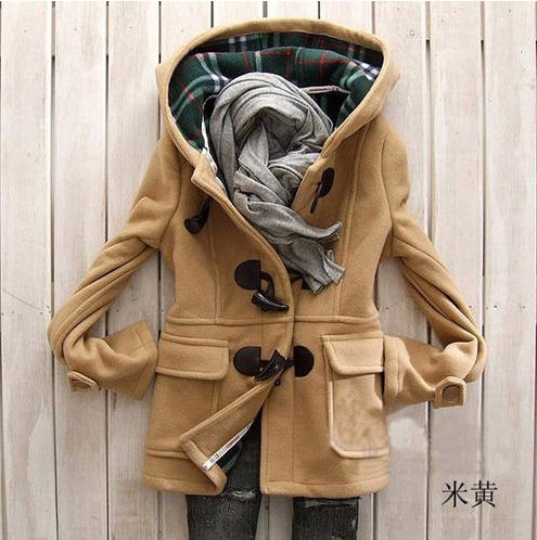 韩版学院派羊毛短外套超厚实保暖牛角扣短款呢子大衣 连帽大衣