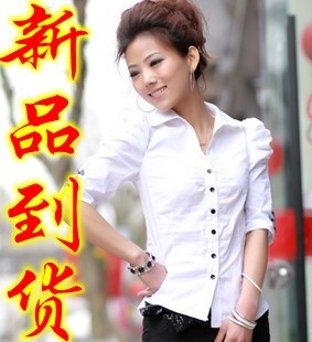 2011新品夏装 韩版女装职业装气质 白色衬衣 女 短袖 泡泡袖 衬衫