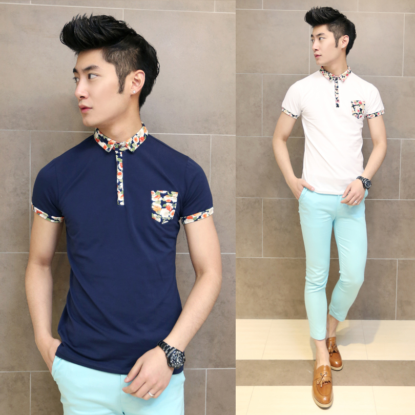 2014新款韩版修身男士型短袖POLO衫休闲青年青春夏季拼接植物花卉
