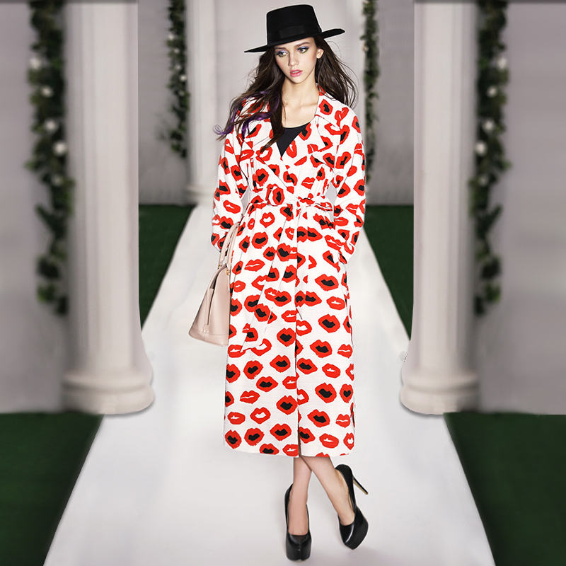 2015春夏季新款高端品牌女装欧美大牌红唇印花风衣中长款休闲外套