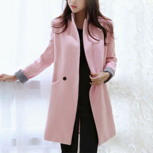 2014秋冬季韩版女式毛呢外套直筒拼接通勤中长款羊绒呢子大衣915