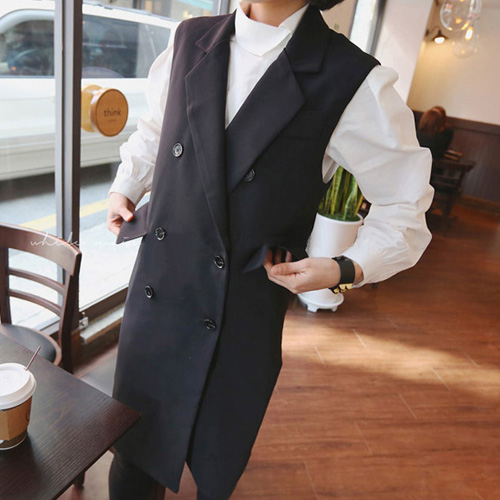 2015秋新款韩版中长款双排扣西服领马夹外套女款马甲大码潮K22