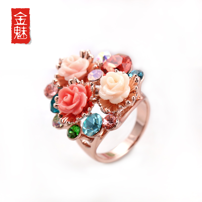 金魅 波西米亚装饰戒指女时尚夸张花朵食指指环镀玫瑰金小饰品064
