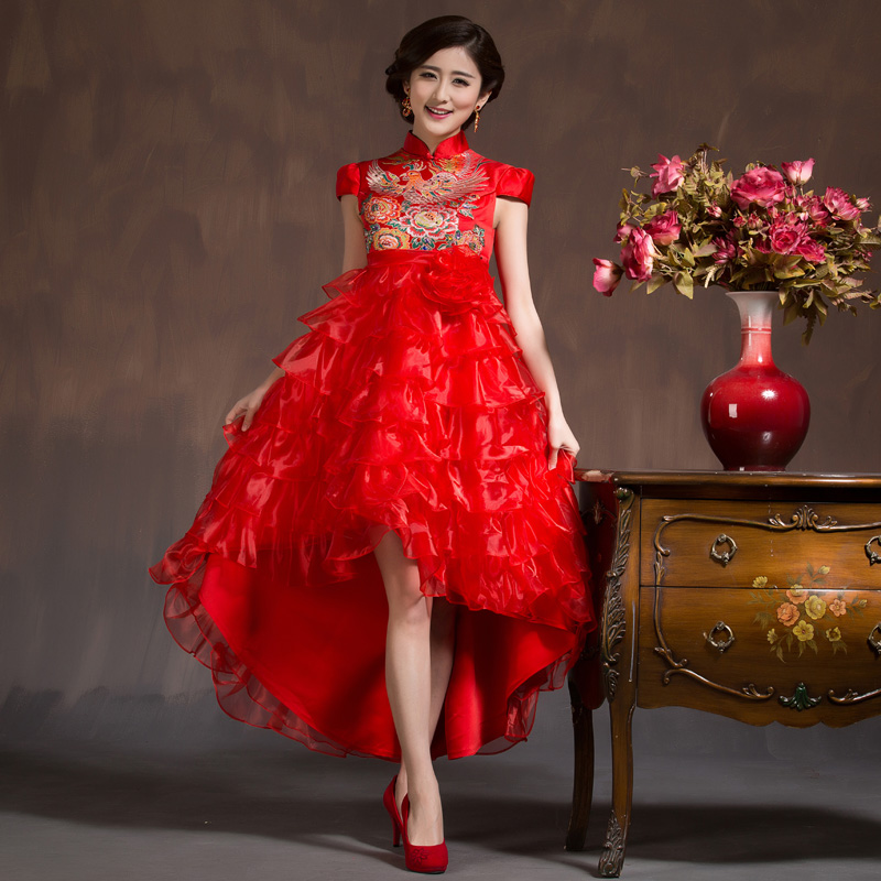 2015新款 中式新娘敬酒服结婚 前短后长旗袍裙 复古礼服长款红色