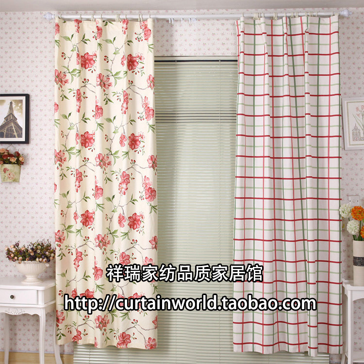 宜家风格新款现代卧室格子 花朵 窗帘 成品 100%纯棉