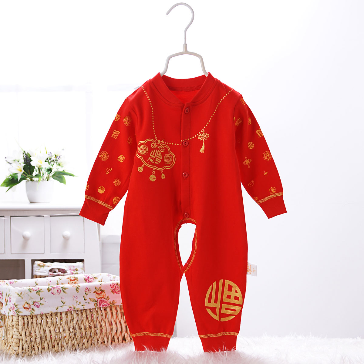 婴儿连体衣大红色爬服 婴幼儿纯棉开档哈衣秋装 儿童宝宝睡衣长袖