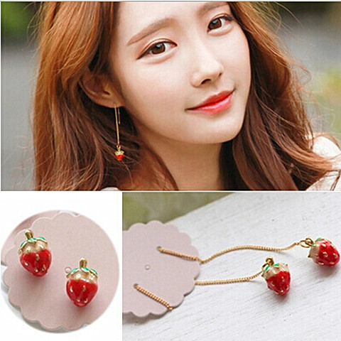 韩国新品彩釉甜美水果红草莓精致耳环耳钉长耳坠耳线长流苏耳环女