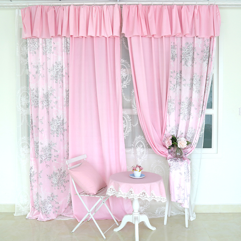 韩版新款拼接半遮光装饰窗帘 客厅卧室飘窗粉色蓝色短绒帘可定做