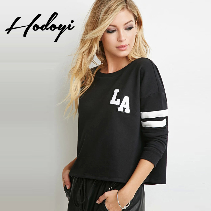hodoyi2015秋冬新款 时尚短款宽松条纹 LA字母拼贴长袖棒球T恤