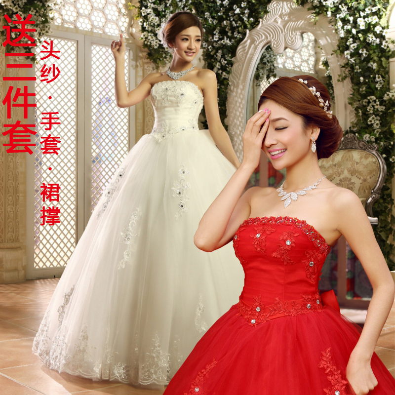 新款2014户外简约清新抹胸韩版显瘦系带婚纱礼服蕾丝红色绑带婚纱