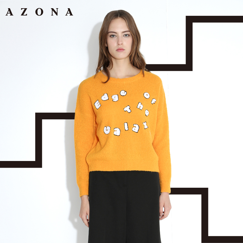 AZONA/阿桑娜2015简约时尚植绒字母图案百搭圆领毛衣 A1Q5B0201ST