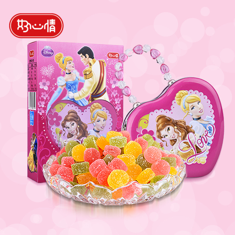【好心情】迪士尼公主无糖水果口味果胶软糖心型手提袋礼物铁盒
