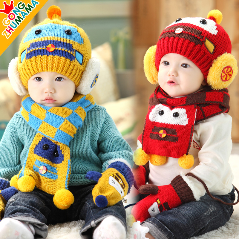 秋冬款男女宝宝1-4岁韩版儿童保暖防风护耳套头毛线帽子围巾套装