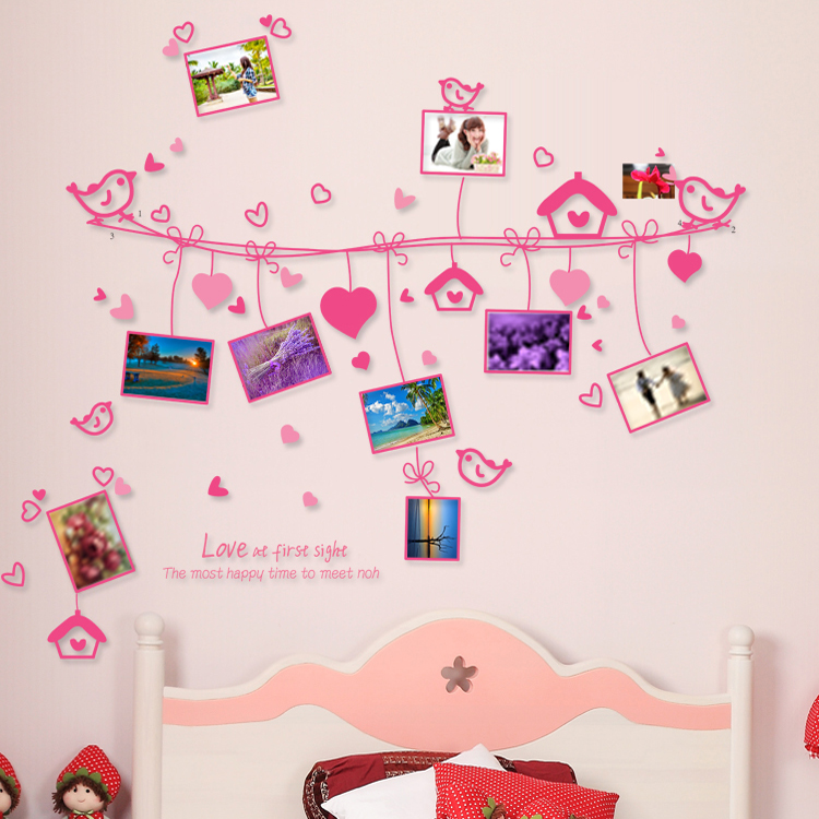 床头卧室客厅过道儿童房粉红爱心照片仿木相框组合自粘墙贴纸包邮